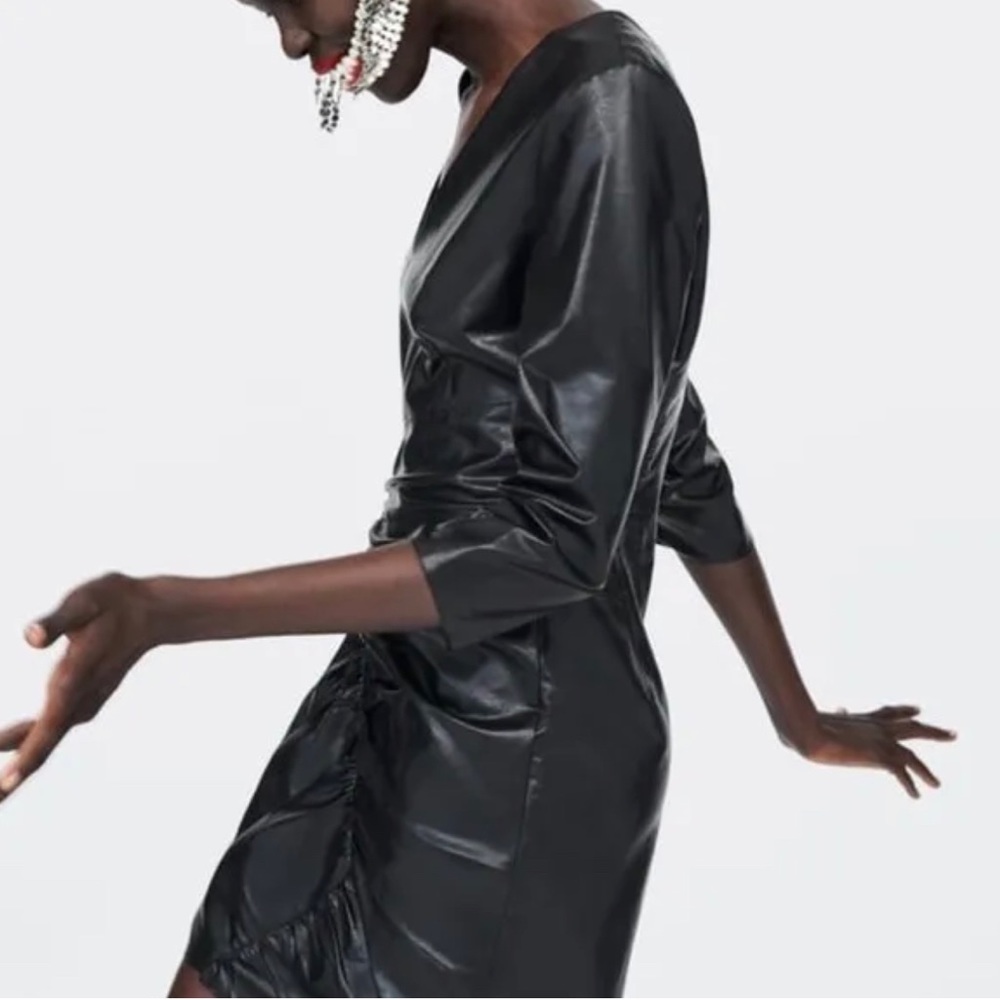 ZARA Black Vegan Leather 3/4 Sleeves Ruched Dress